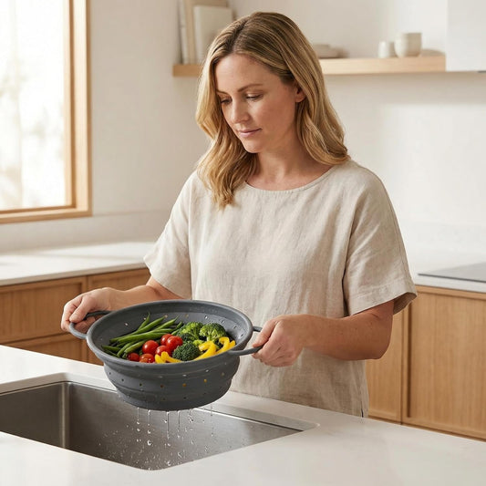 Collapsible Silicone Colander with Handles, Round Strainer with Stainless Steel Rim, Space Saving Kitchen Tool for Fruits & Vegetables,BPA-Free,Heat-Resistant Pasta Drainer(Gray, L)