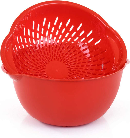 Home Mixing Bowl w/Colander (Large 4.5L, Red) - For Washing & Draining Fruits And Vegetables - Heavy Duty Plastic for Baking, Cooking Supplies - Dishwasher Safe