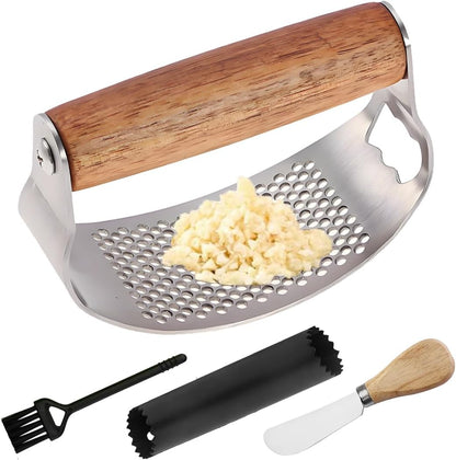 Garlic Press Rocker Stainless Steel Ginger Crusher, Garlic Mincer and Squeezer Kitchen Gadget with Ergonomic handle, Silicone Tube Garlic Peeler, Scraper and Cleaning Brush Tool Set