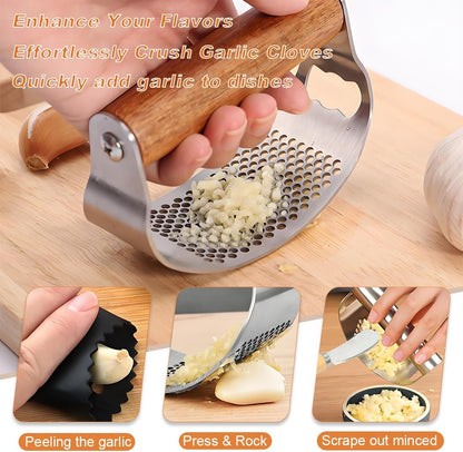 Garlic Press Rocker Stainless Steel Ginger Crusher, Garlic Mincer and Squeezer Kitchen Gadget with Ergonomic handle, Silicone Tube Garlic Peeler, Scraper and Cleaning Brush Tool Set