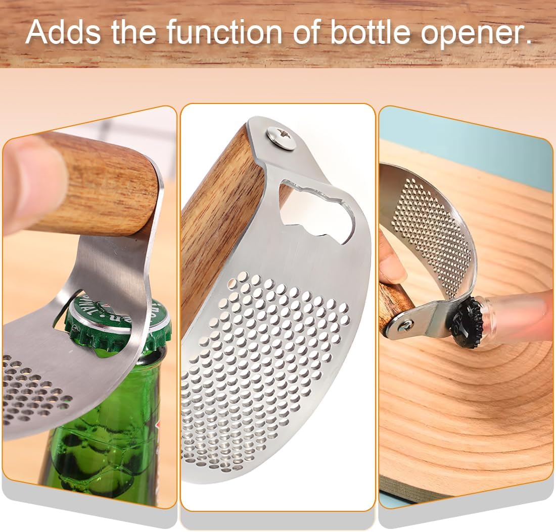 Garlic Press Rocker Stainless Steel Ginger Crusher, Garlic Mincer and Squeezer Kitchen Gadget with Ergonomic handle, Silicone Tube Garlic Peeler, Scraper and Cleaning Brush Tool Set