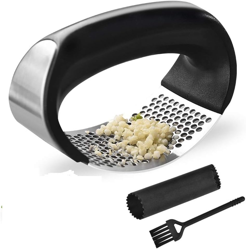 Garlic Press Rocker Stainless Steel Ginger Crusher, Garlic Mincer and Squeezer Kitchen Gadget with Ergonomic handle, Silicone Tube Garlic Peeler, Scraper and Cleaning Brush Tool Set