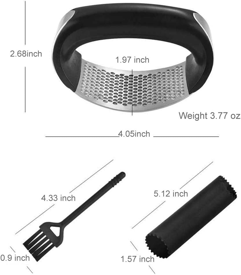 Garlic Press Rocker Stainless Steel Ginger Crusher, Garlic Mincer and Squeezer Kitchen Gadget with Ergonomic handle, Silicone Tube Garlic Peeler, Scraper and Cleaning Brush Tool Set