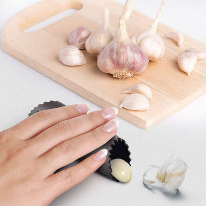 Garlic Press Rocker Stainless Steel Ginger Crusher, Garlic Mincer and Squeezer Kitchen Gadget with Ergonomic handle, Silicone Tube Garlic Peeler, Scraper and Cleaning Brush Tool Set