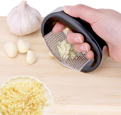 Garlic Press Rocker Stainless Steel Ginger Crusher, Garlic Mincer and Squeezer Kitchen Gadget with Ergonomic handle, Silicone Tube Garlic Peeler, Scraper and Cleaning Brush Tool Set
