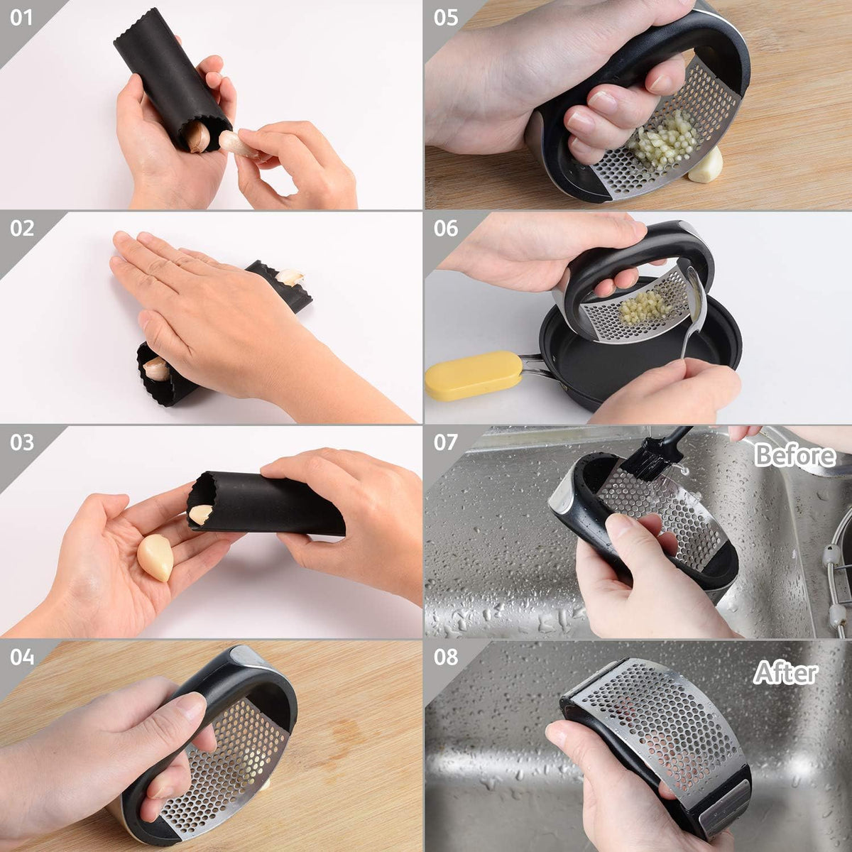 Garlic Press Rocker Stainless Steel Ginger Crusher, Garlic Mincer and Squeezer Kitchen Gadget with Ergonomic handle, Silicone Tube Garlic Peeler, Scraper and Cleaning Brush Tool Set