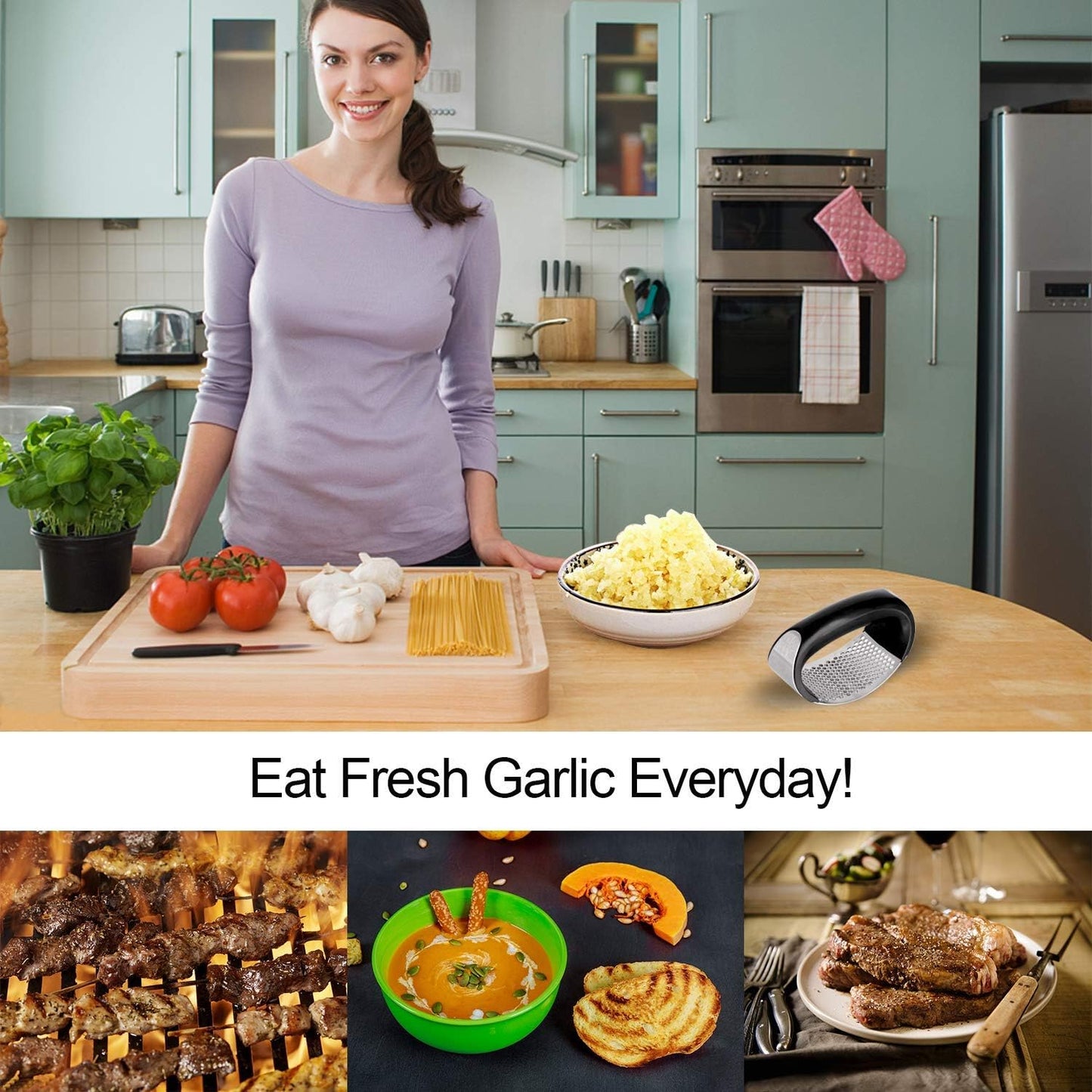 Garlic Press Rocker Stainless Steel Ginger Crusher, Garlic Mincer and Squeezer Kitchen Gadget with Ergonomic handle, Silicone Tube Garlic Peeler, Scraper and Cleaning Brush Tool Set