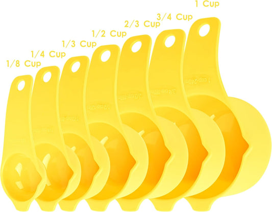 Plastic Measuring Cups and Spoons Set, 7 Plastic Measuring Cups and 7 Measuring Spoons with 1 Leveler, Engraved Both US&Metric Measure Cup Spoon for Kitchen&Baking Yellow