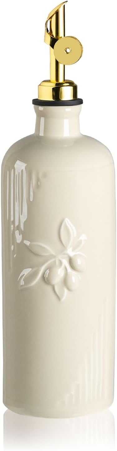 Sweejar Ceramic Olive Oil Dispenser Bottle for Kitchen Counter, 20 oz Oil Dispenser with Gold Spout, Avocado Oil Cruet for EVOO, Vinegar, Oil Container for Cooking, Pack of 1 (Beige)