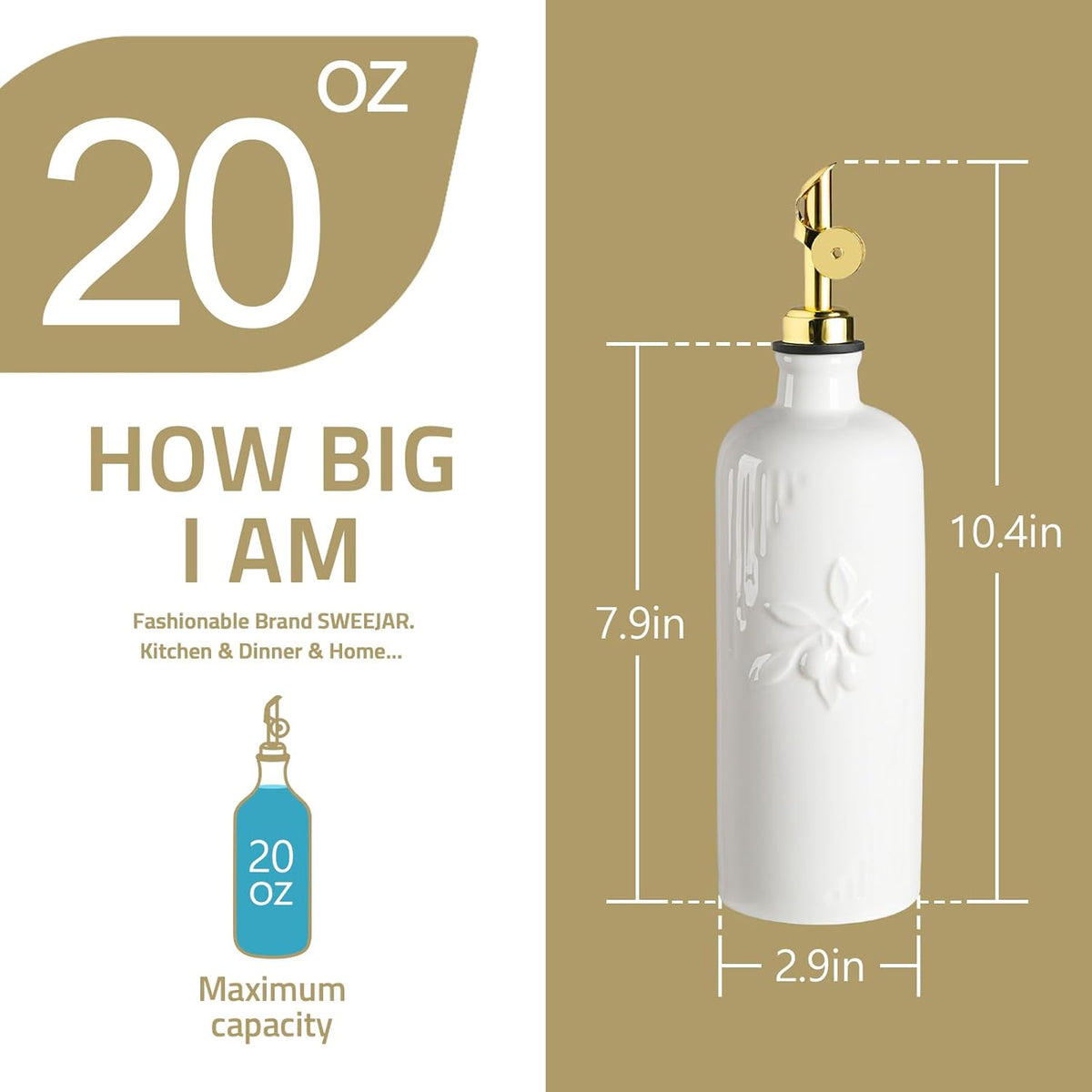 Sweejar Ceramic Olive Oil Dispenser Bottle for Kitchen Counter, 20 oz Oil Dispenser with Gold Spout, Avocado Oil Cruet for EVOO, Vinegar, Oil Container for Cooking, Pack of 1 (Beige)