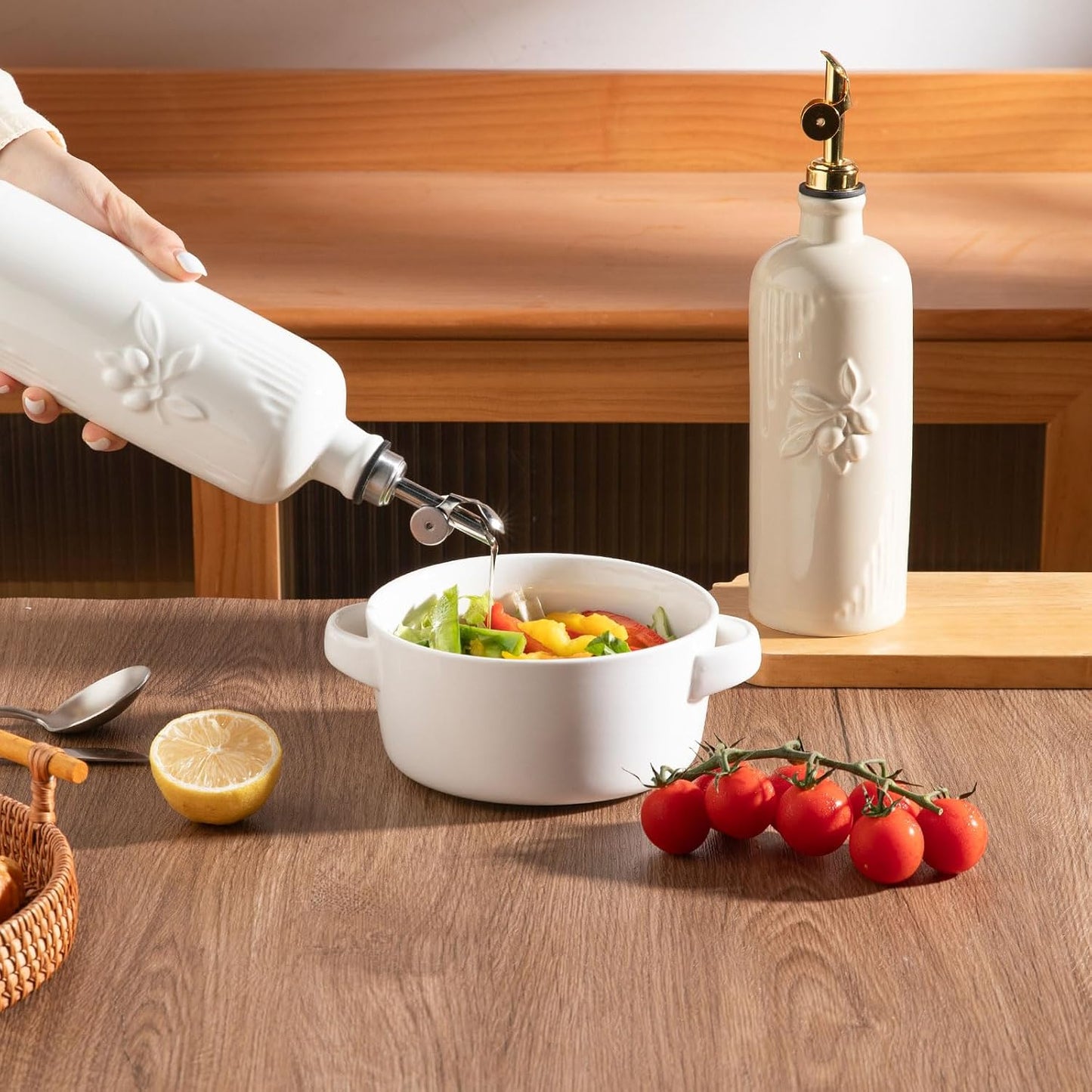 Sweejar Ceramic Olive Oil Dispenser Bottle for Kitchen Counter, 20 oz Oil Dispenser with Gold Spout, Avocado Oil Cruet for EVOO, Vinegar, Oil Container for Cooking, Pack of 1 (Beige)
