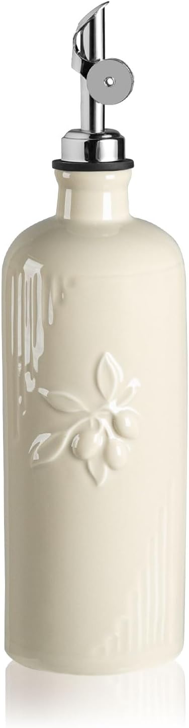 Sweejar Ceramic Olive Oil Dispenser Bottle for Kitchen Counter, 20 oz Oil Dispenser with Gold Spout, Avocado Oil Cruet for EVOO, Vinegar, Oil Container for Cooking, Pack of 1 (Beige)