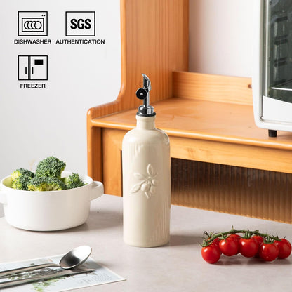 Sweejar Ceramic Olive Oil Dispenser Bottle for Kitchen Counter, 20 oz Oil Dispenser with Gold Spout, Avocado Oil Cruet for EVOO, Vinegar, Oil Container for Cooking, Pack of 1 (Beige)