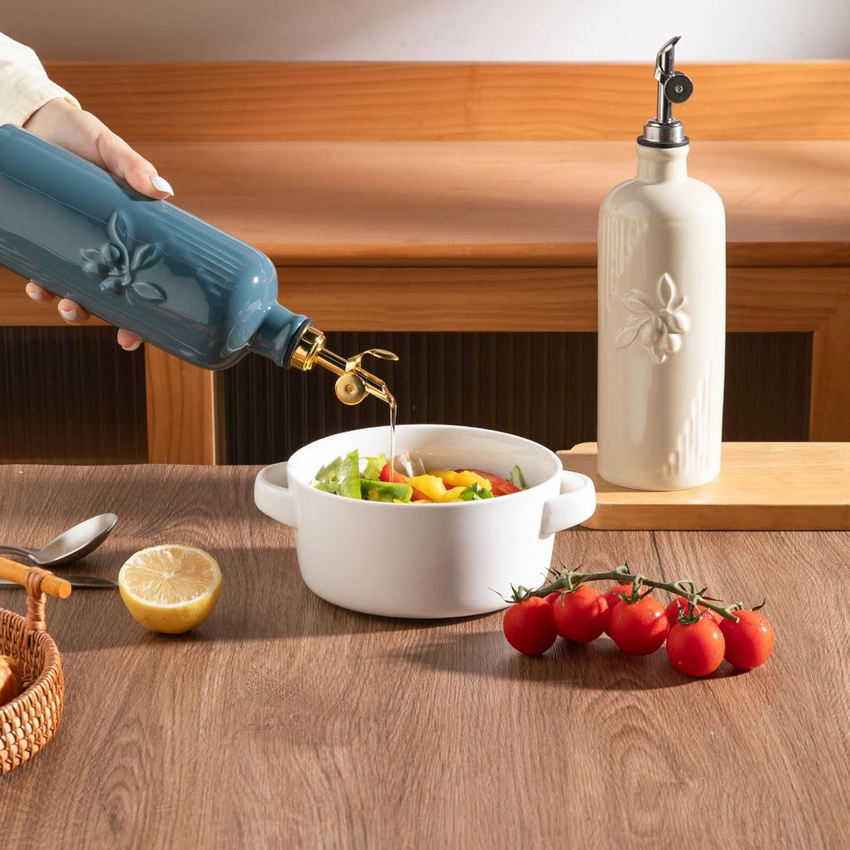 Sweejar Ceramic Olive Oil Dispenser Bottle for Kitchen Counter, 20 oz Oil Dispenser with Gold Spout, Avocado Oil Cruet for EVOO, Vinegar, Oil Container for Cooking, Pack of 1 (Beige)
