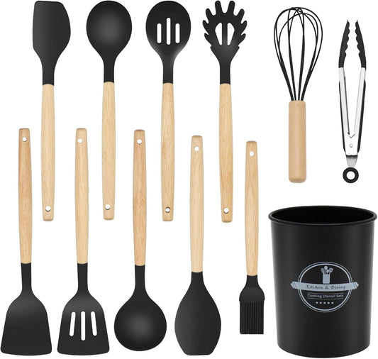 12-Piece Silicone Kitchen Utensils Set with Wooden Handle, Non-Stick & Heat Resistant Cooking Utensils (446°F), Includes Spatula, Spoon, Turner, Tongs, Whisk, Great for Home Cooks-Black