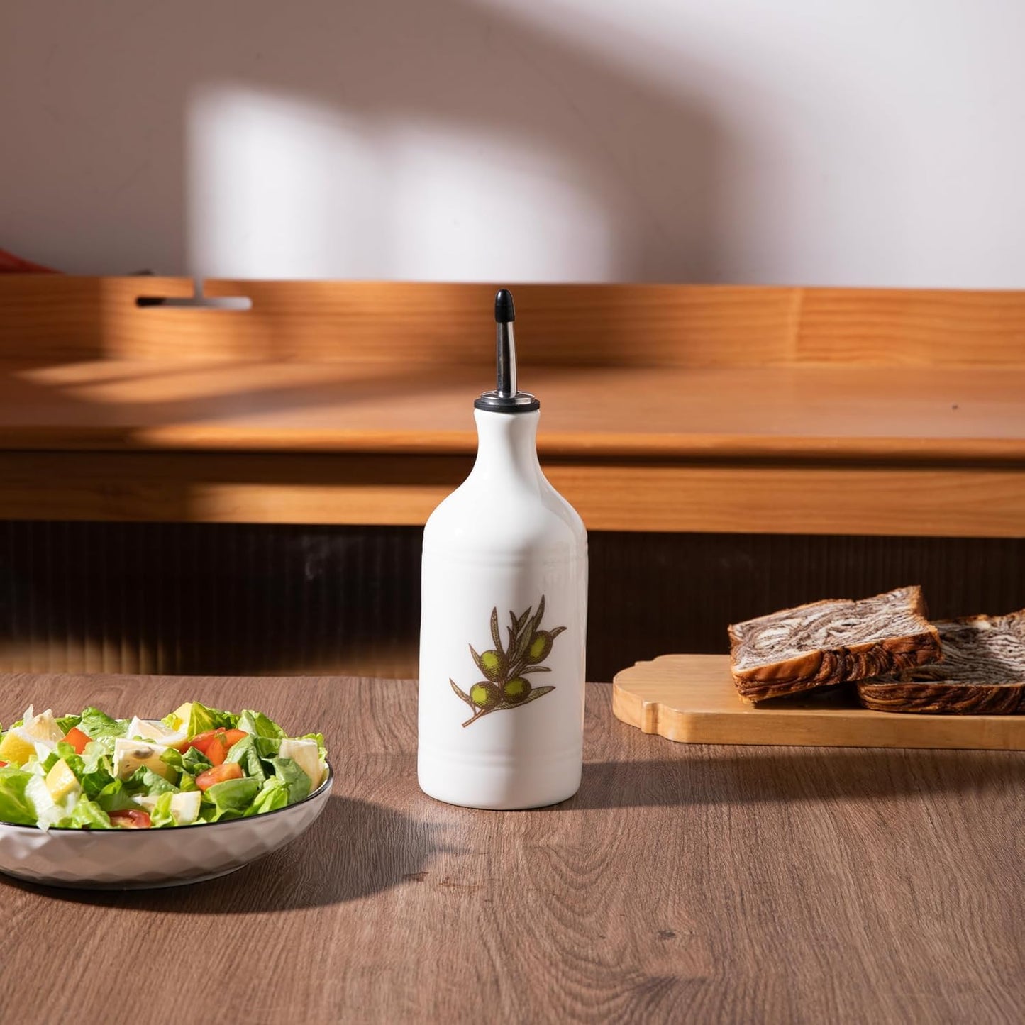 Sweejar Ceramic Olive Oil Dispenser Bottle, Opaque Oil Cruet Protects to Reduce Oxidation, Suitable for Storage Vinegar, Coffee Syrups & Other Liquids, Pack of 1, 15.5 Fl Oz(Beige)