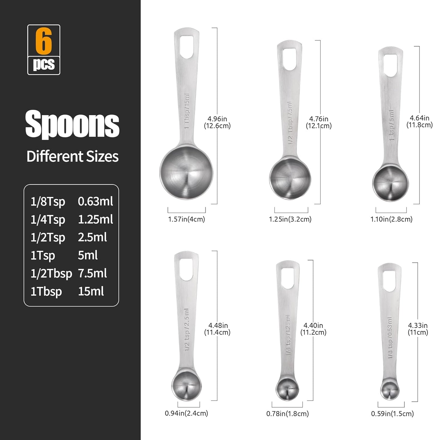 Measuring Spoons Set of 5-18/8 Stainless Steel Heavy Duty Teaspoons Tablespoons with Engraved Metric & US Measurements, Metal Measure Spoon for Dry and Liquid Ingredients, Dishwasher Safe