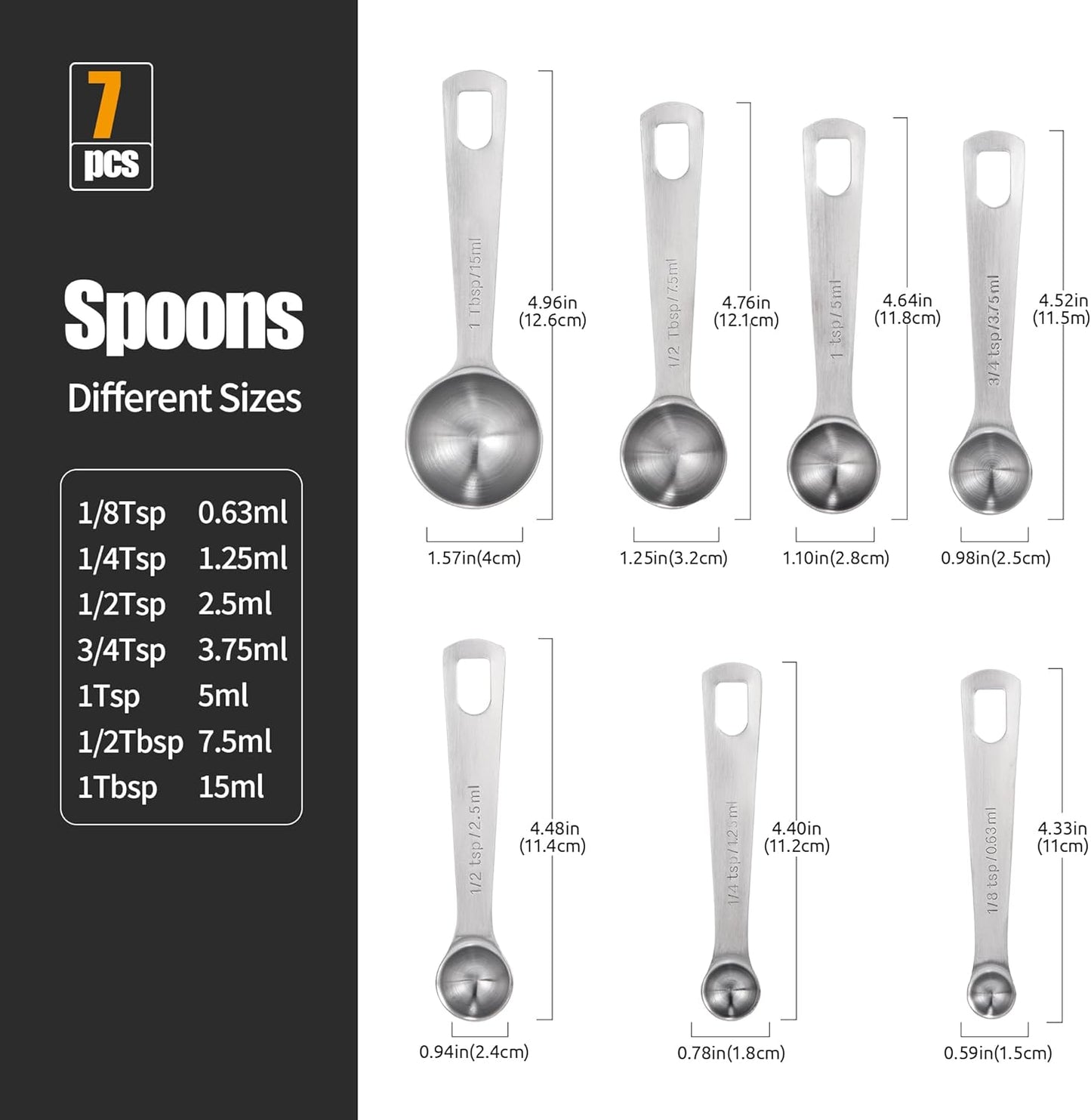 Measuring Spoons Set of 5-18/8 Stainless Steel Heavy Duty Teaspoons Tablespoons with Engraved Metric & US Measurements, Metal Measure Spoon for Dry and Liquid Ingredients, Dishwasher Safe