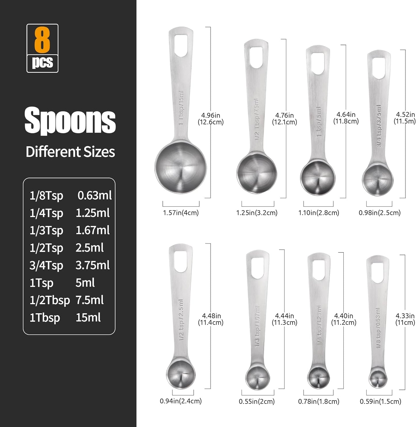 Measuring Spoons Set of 5-18/8 Stainless Steel Heavy Duty Teaspoons Tablespoons with Engraved Metric & US Measurements, Metal Measure Spoon for Dry and Liquid Ingredients, Dishwasher Safe