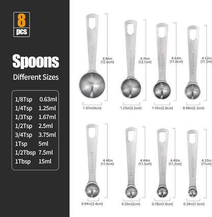 Measuring Spoons Set of 5-18/8 Stainless Steel Heavy Duty Teaspoons Tablespoons with Engraved Metric & US Measurements, Metal Measure Spoon for Dry and Liquid Ingredients, Dishwasher Safe