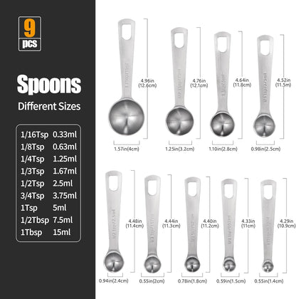 Measuring Spoons Set of 5-18/8 Stainless Steel Heavy Duty Teaspoons Tablespoons with Engraved Metric & US Measurements, Metal Measure Spoon for Dry and Liquid Ingredients, Dishwasher Safe