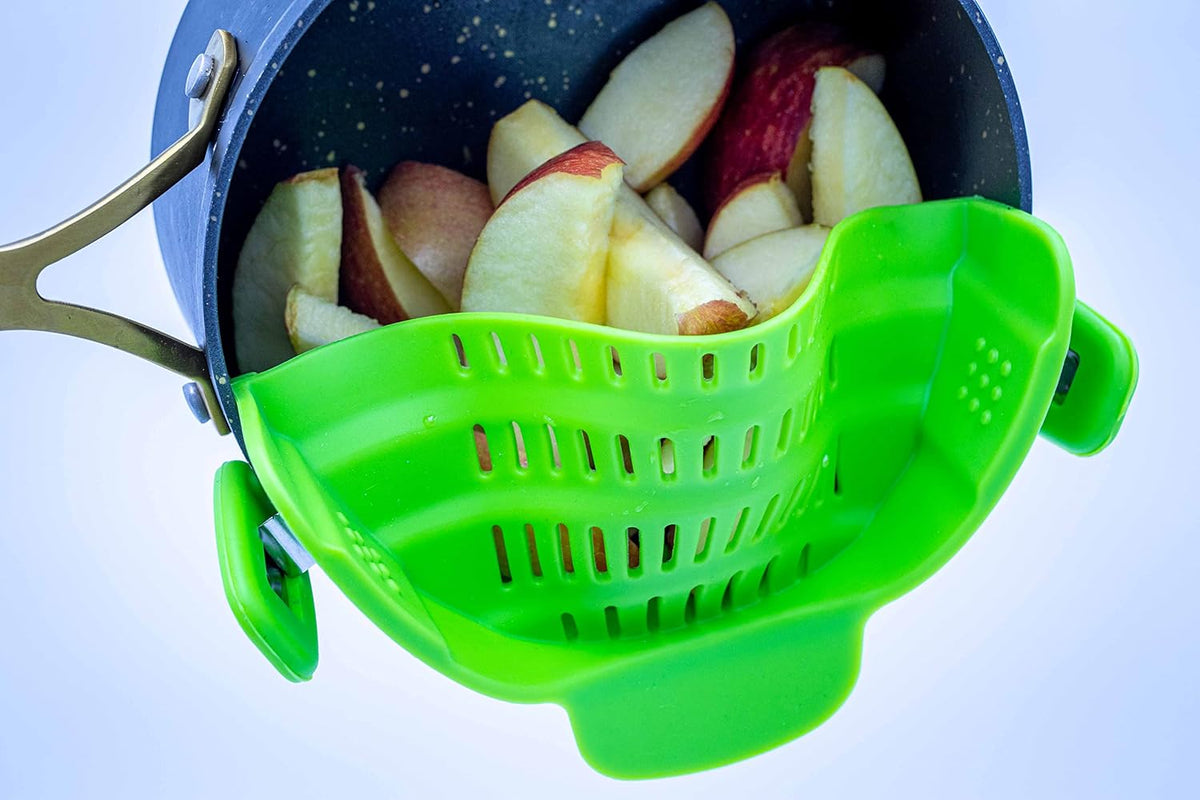 Adjustable Snap On Strainer for Pots, Pans, & Bowls - Food Grade Silicone and Heat Resistant Clip Colander Straining Pasta, Fruits, Vegetables, Lime Green, Small, Compact (SNP-STN)