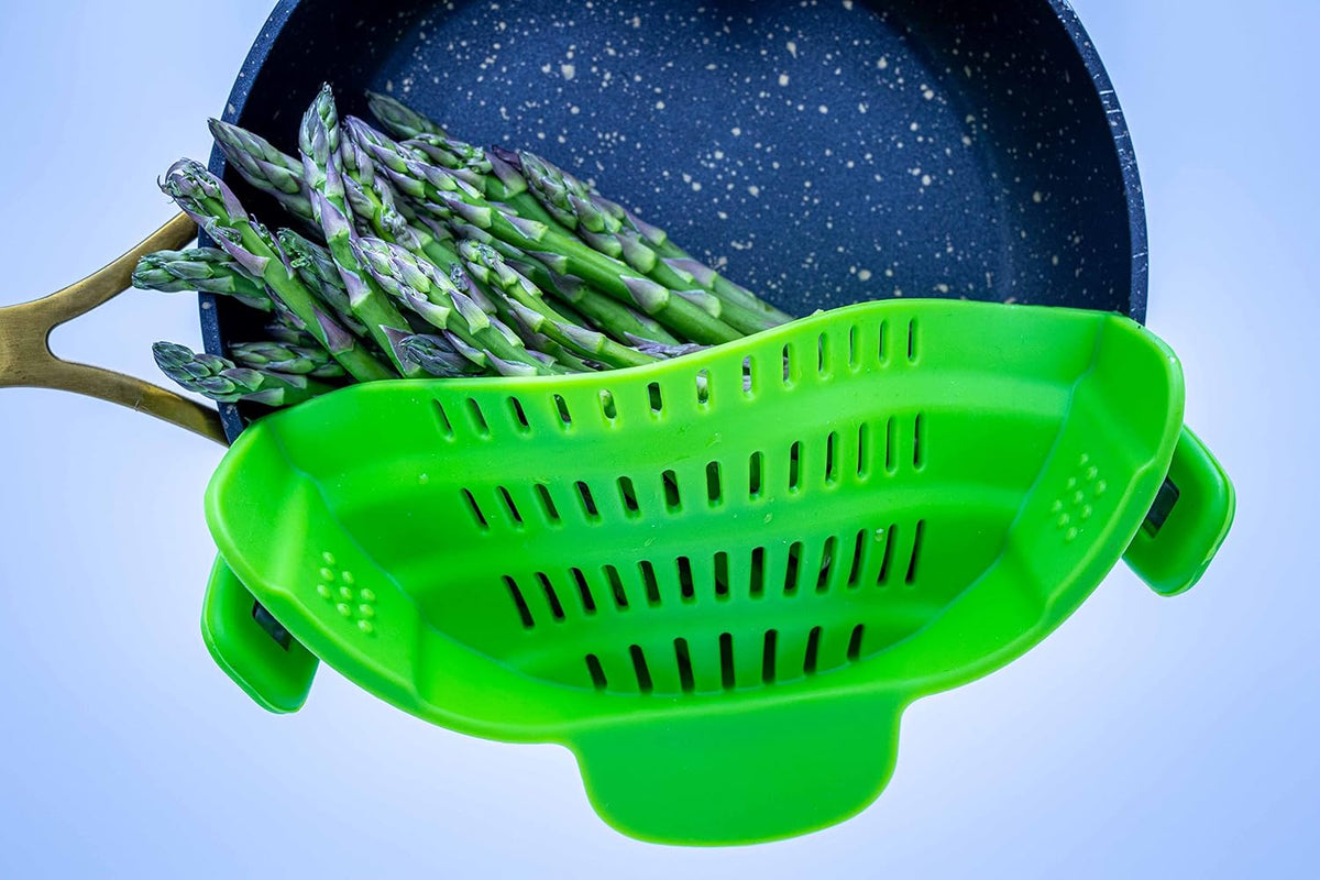 Adjustable Snap On Strainer for Pots, Pans, & Bowls - Food Grade Silicone and Heat Resistant Clip Colander Straining Pasta, Fruits, Vegetables, Lime Green, Small, Compact (SNP-STN)