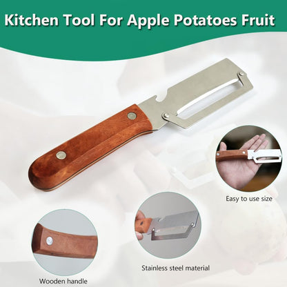Multi Functional Vegetable Peeler for Kitchen，1 Pack | Wooden handle with built-in bottle opener, sharp stainless steel blade for fruit, kiwi, potato and pumpkin