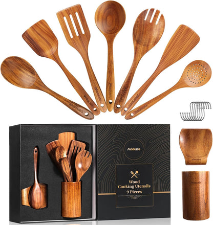 Wooden Ladle for Soup, 3 Size Teak Wood Ladle Spoon with Back Hooks, Heat Resistant Wooden Spoons for Cooking, Non-Stick, Comfortable Grip, Wood Kitchen Utensils Set for Serving, Stirring