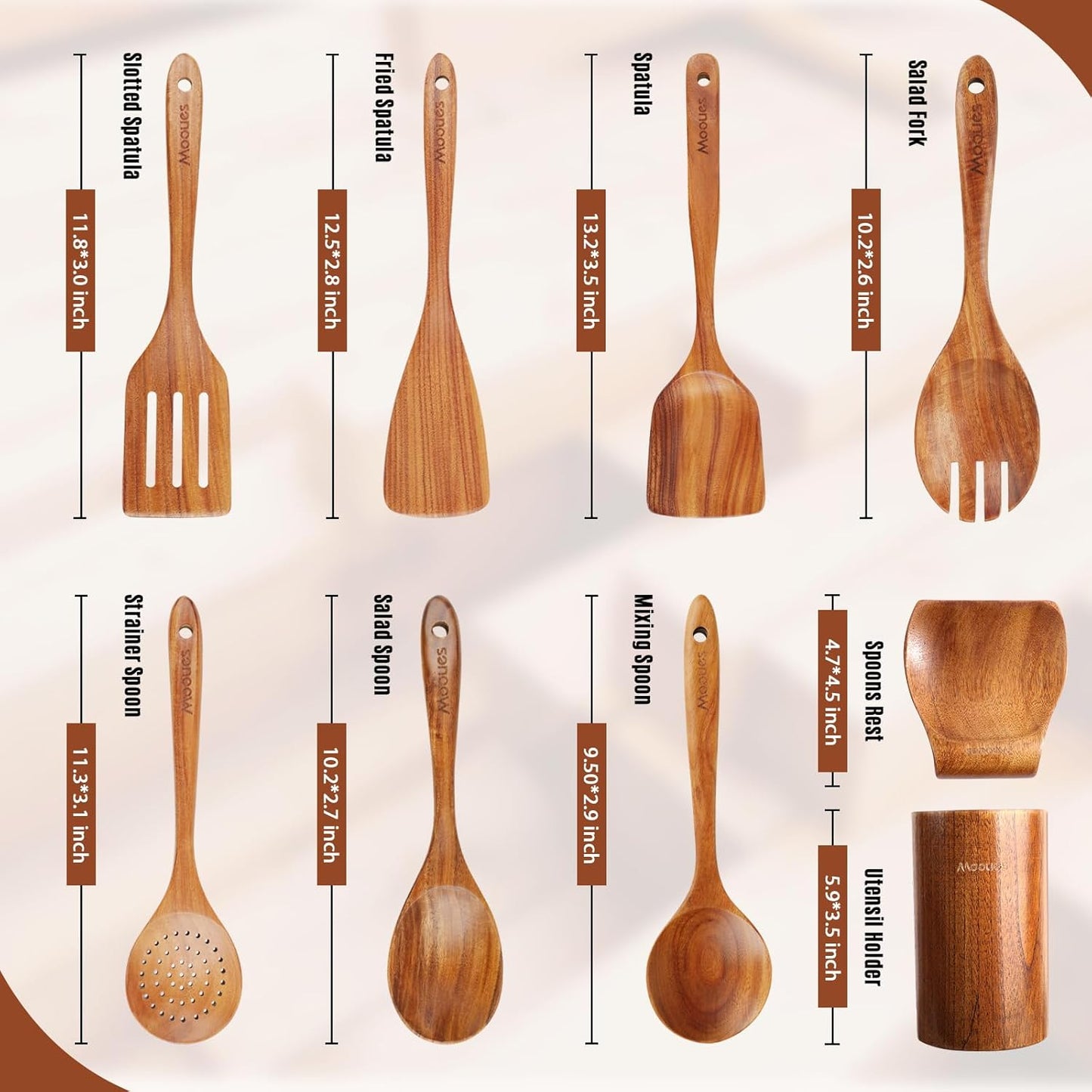 Wooden Ladle for Soup, 3 Size Teak Wood Ladle Spoon with Back Hooks, Heat Resistant Wooden Spoons for Cooking, Non-Stick, Comfortable Grip, Wood Kitchen Utensils Set for Serving, Stirring
