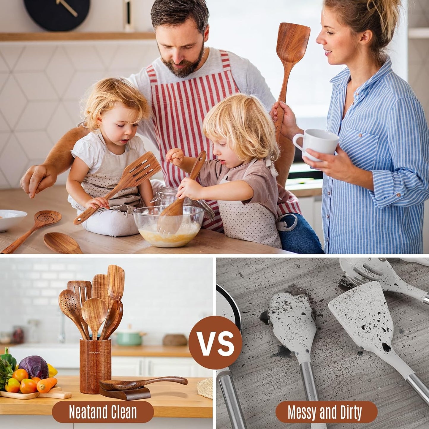 Wooden Ladle for Soup, 3 Size Teak Wood Ladle Spoon with Back Hooks, Heat Resistant Wooden Spoons for Cooking, Non-Stick, Comfortable Grip, Wood Kitchen Utensils Set for Serving, Stirring