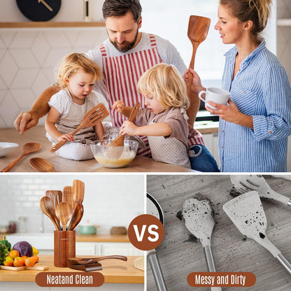 Wooden Ladle for Soup, 3 Size Teak Wood Ladle Spoon with Back Hooks, Heat Resistant Wooden Spoons for Cooking, Non-Stick, Comfortable Grip, Wood Kitchen Utensils Set for Serving, Stirring