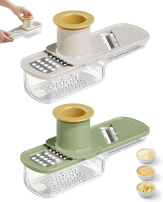 2PCS Mini Multifunctional Garlic Grinder, Garlic Slicer Super Thin with Container, Ginger Veggie Mandoline Mincer Cutter