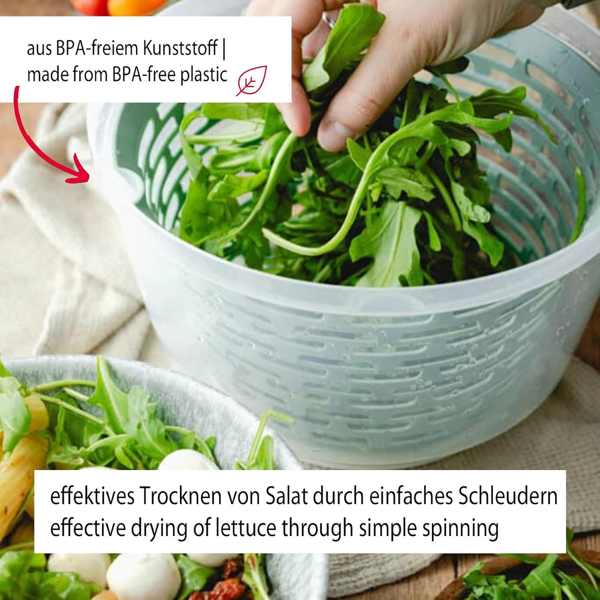 2430226P Salad Spinner - Ideal for Washing, Spinning and Serving Salad, Space Saving Salad Bowl with Lid and Pourer, Non-Slip 4.4L - Plastic, BPA Free