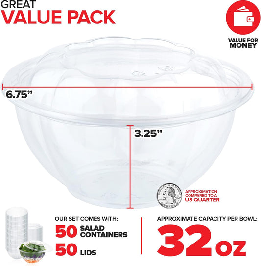 32oz Clear Plastic Salad Bowls with Lids Disposable (50 Pack) Medium Takeout Container with Snap on Lid for Fruit Salads, Quinoa, Lunch and Meal Prep, Acai Bowl, To-Go Party Containers
