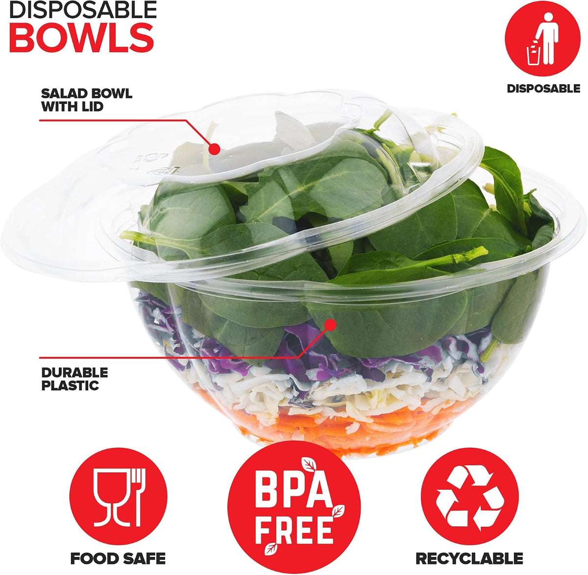 32oz Clear Plastic Salad Bowls with Lids Disposable (50 Pack) Medium Takeout Container with Snap on Lid for Fruit Salads, Quinoa, Lunch and Meal Prep, Acai Bowl, To-Go Party Containers