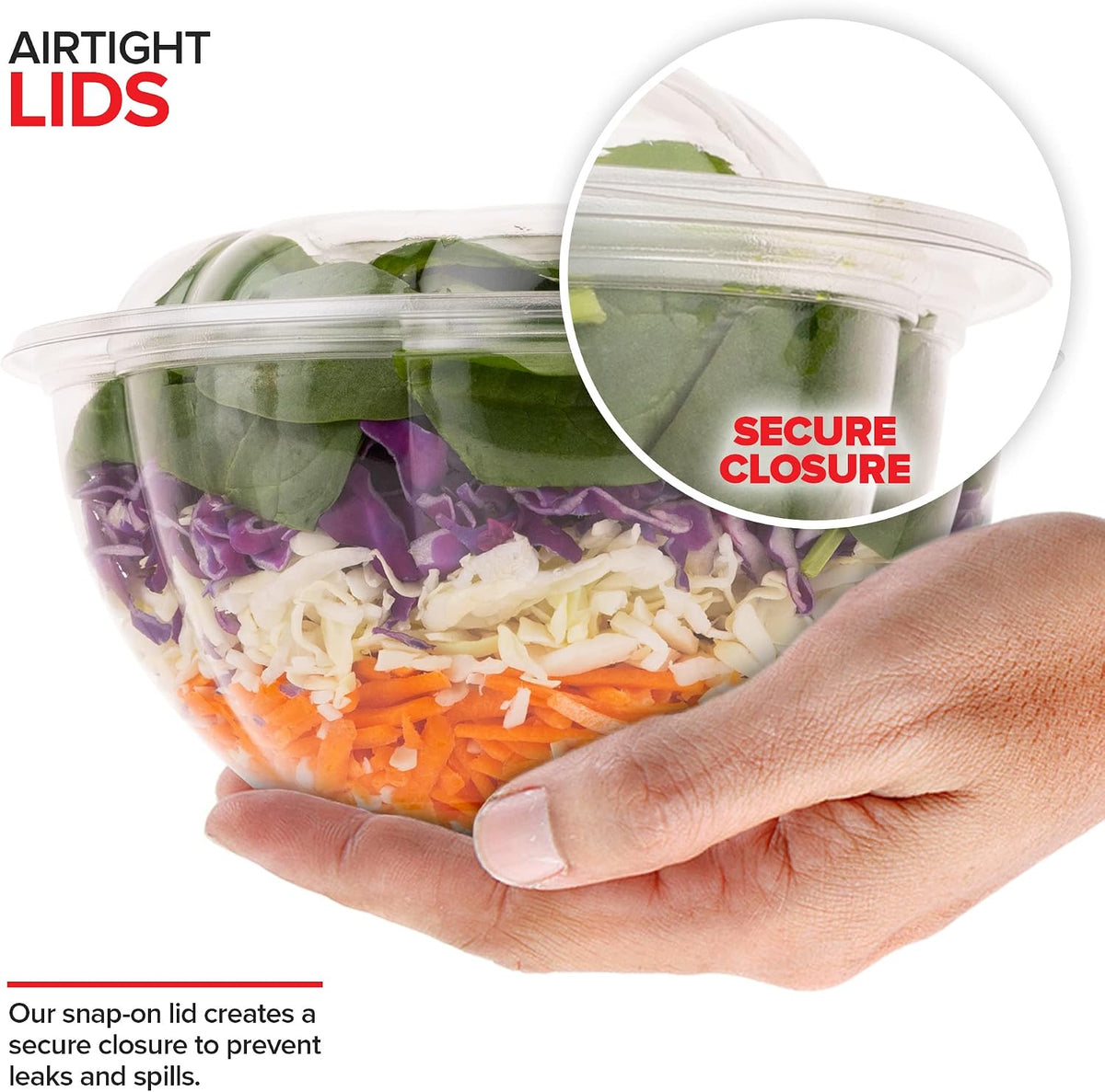 32oz Clear Plastic Salad Bowls with Lids Disposable (50 Pack) Medium Takeout Container with Snap on Lid for Fruit Salads, Quinoa, Lunch and Meal Prep, Acai Bowl, To-Go Party Containers