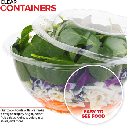32oz Clear Plastic Salad Bowls with Lids Disposable (50 Pack) Medium Takeout Container with Snap on Lid for Fruit Salads, Quinoa, Lunch and Meal Prep, Acai Bowl, To-Go Party Containers