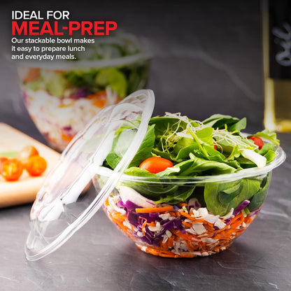 32oz Clear Plastic Salad Bowls with Lids Disposable (50 Pack) Medium Takeout Container with Snap on Lid for Fruit Salads, Quinoa, Lunch and Meal Prep, Acai Bowl, To-Go Party Containers