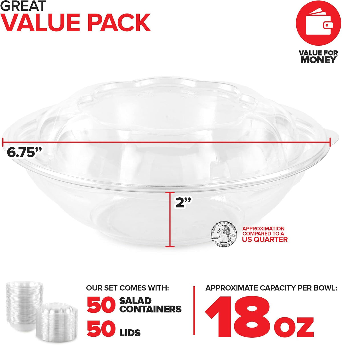 32oz Clear Plastic Salad Bowls with Lids Disposable (50 Pack) Medium Takeout Container with Snap on Lid for Fruit Salads, Quinoa, Lunch and Meal Prep, Acai Bowl, To-Go Party Containers