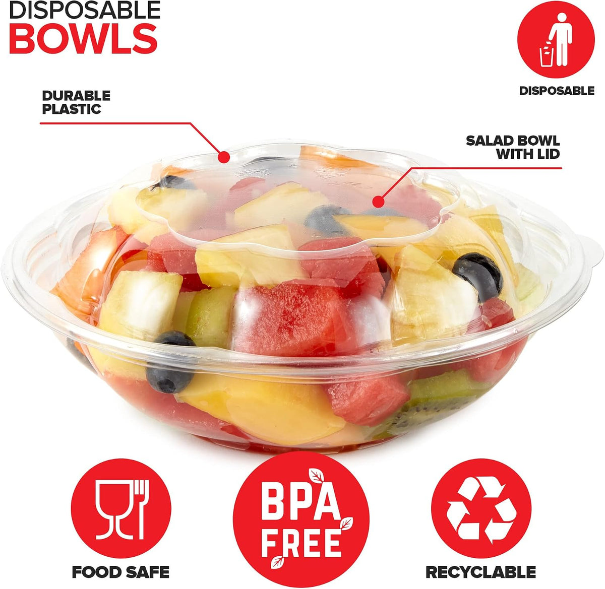 32oz Clear Plastic Salad Bowls with Lids Disposable (50 Pack) Medium Takeout Container with Snap on Lid for Fruit Salads, Quinoa, Lunch and Meal Prep, Acai Bowl, To-Go Party Containers