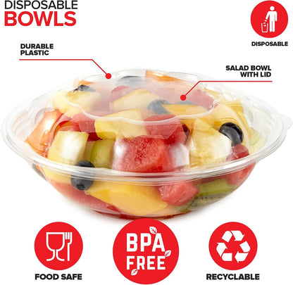 32oz Clear Plastic Salad Bowls with Lids Disposable (50 Pack) Medium Takeout Container with Snap on Lid for Fruit Salads, Quinoa, Lunch and Meal Prep, Acai Bowl, To-Go Party Containers