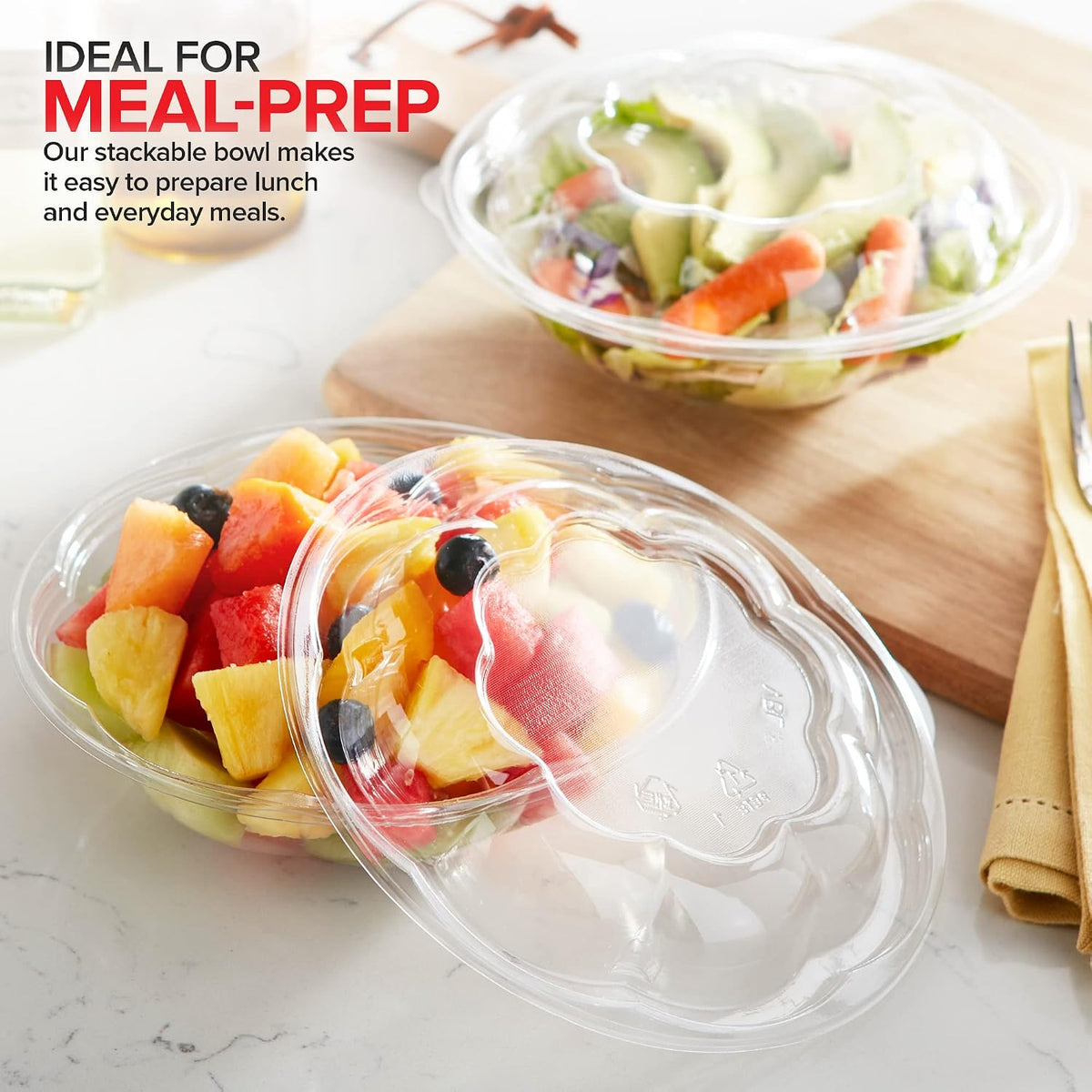 32oz Clear Plastic Salad Bowls with Lids Disposable (50 Pack) Medium Takeout Container with Snap on Lid for Fruit Salads, Quinoa, Lunch and Meal Prep, Acai Bowl, To-Go Party Containers