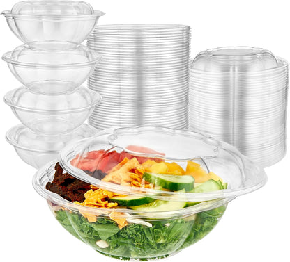 32oz Clear Plastic Salad Bowls with Lids Disposable (50 Pack) Medium Takeout Container with Snap on Lid for Fruit Salads, Quinoa, Lunch and Meal Prep, Acai Bowl, To-Go Party Containers