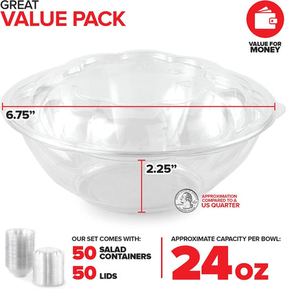 32oz Clear Plastic Salad Bowls with Lids Disposable (50 Pack) Medium Takeout Container with Snap on Lid for Fruit Salads, Quinoa, Lunch and Meal Prep, Acai Bowl, To-Go Party Containers