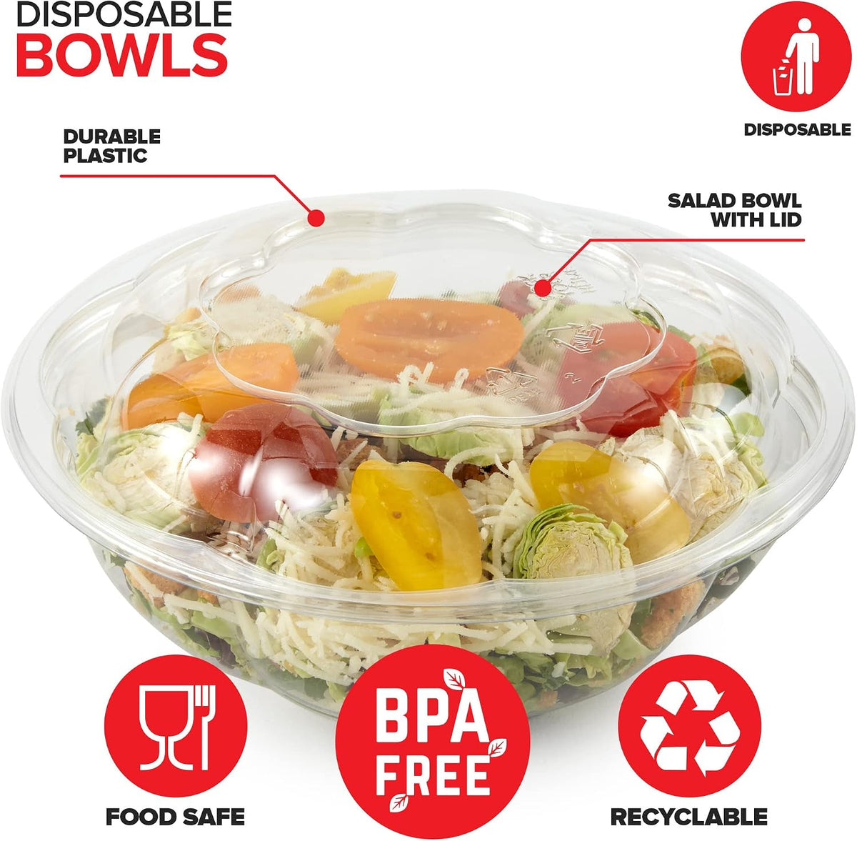 32oz Clear Plastic Salad Bowls with Lids Disposable (50 Pack) Medium Takeout Container with Snap on Lid for Fruit Salads, Quinoa, Lunch and Meal Prep, Acai Bowl, To-Go Party Containers