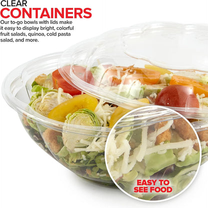 32oz Clear Plastic Salad Bowls with Lids Disposable (50 Pack) Medium Takeout Container with Snap on Lid for Fruit Salads, Quinoa, Lunch and Meal Prep, Acai Bowl, To-Go Party Containers