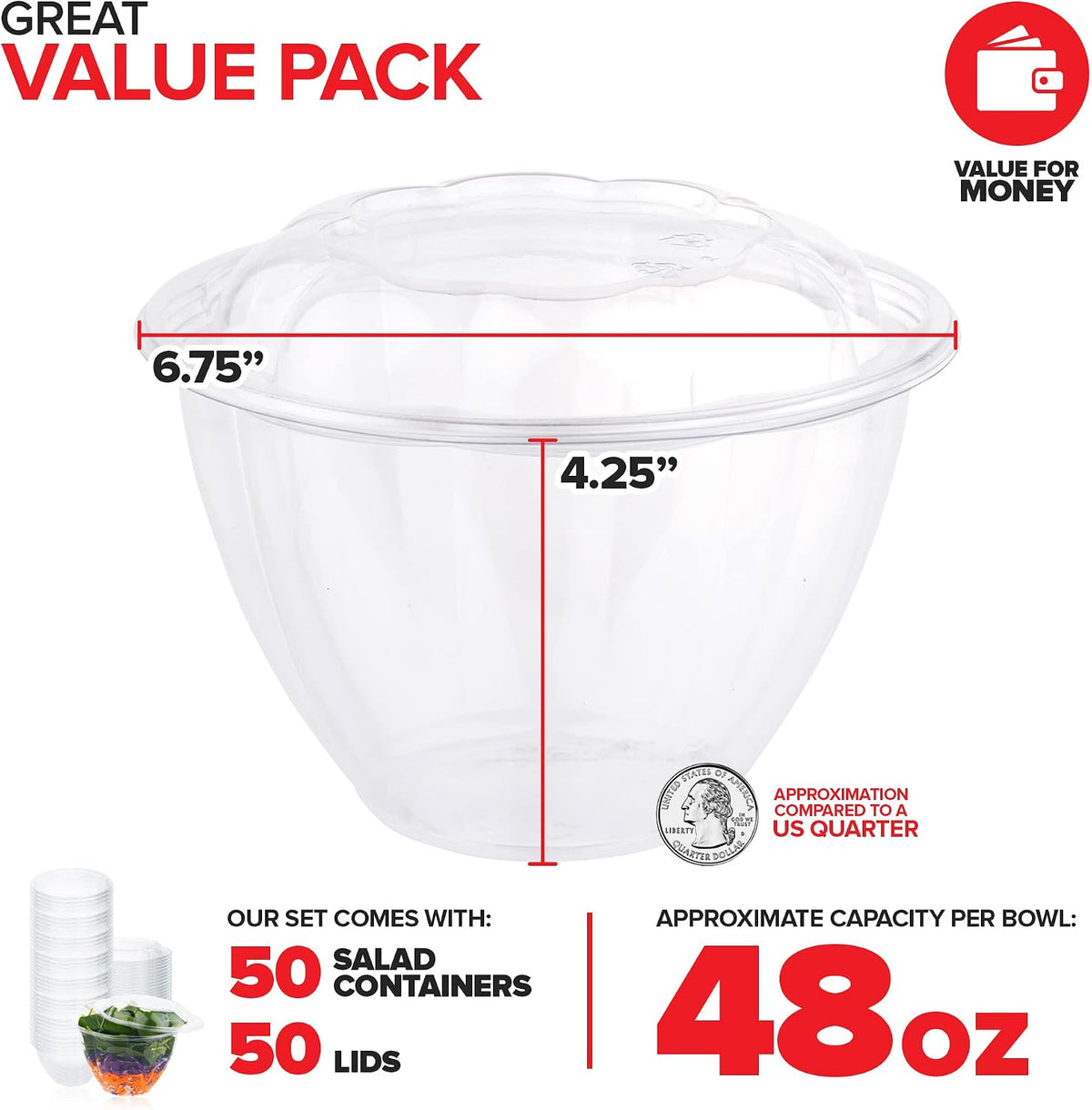 32oz Clear Plastic Salad Bowls with Lids Disposable (50 Pack) Medium Takeout Container with Snap on Lid for Fruit Salads, Quinoa, Lunch and Meal Prep, Acai Bowl, To-Go Party Containers