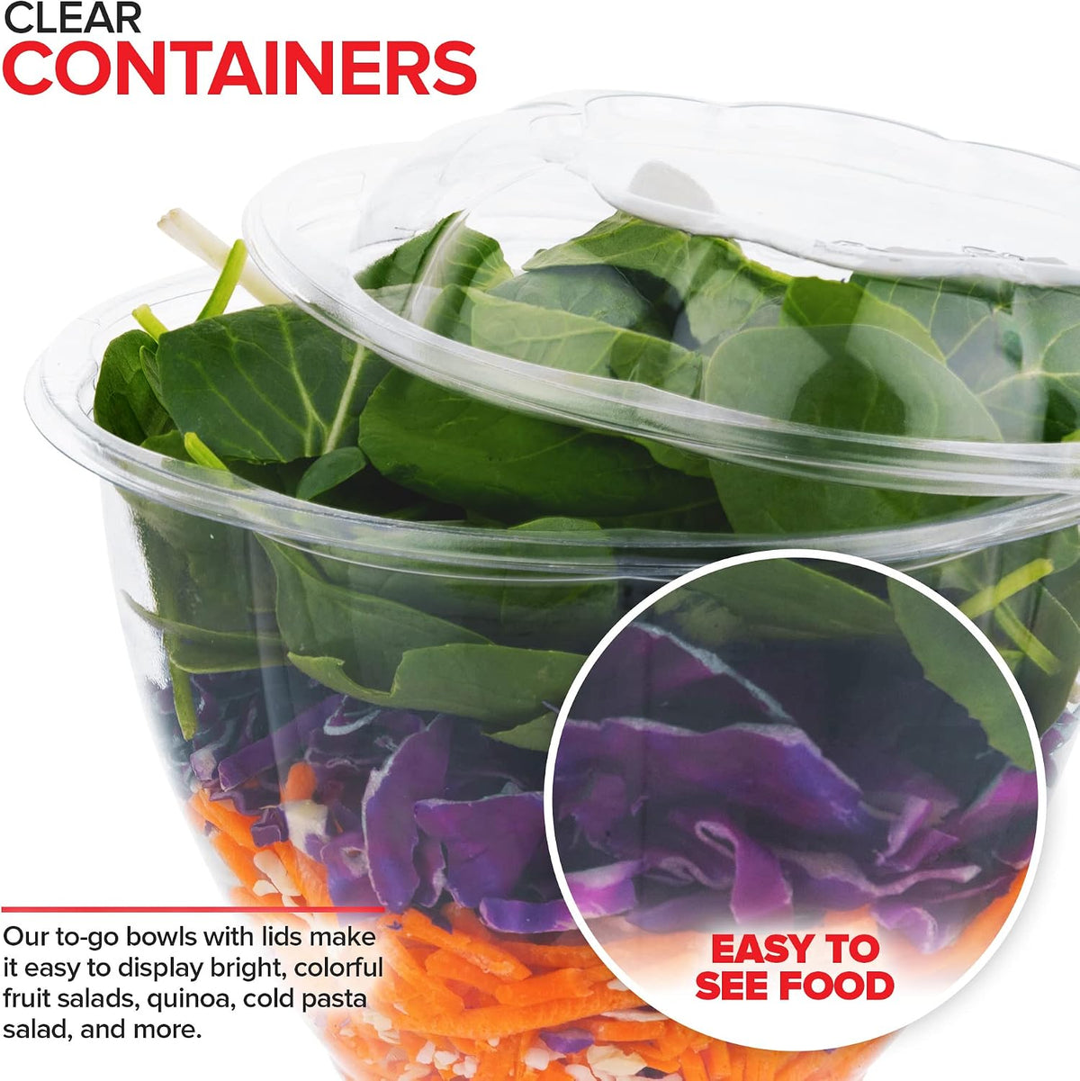 32oz Clear Plastic Salad Bowls with Lids Disposable (50 Pack) Medium Takeout Container with Snap on Lid for Fruit Salads, Quinoa, Lunch and Meal Prep, Acai Bowl, To-Go Party Containers