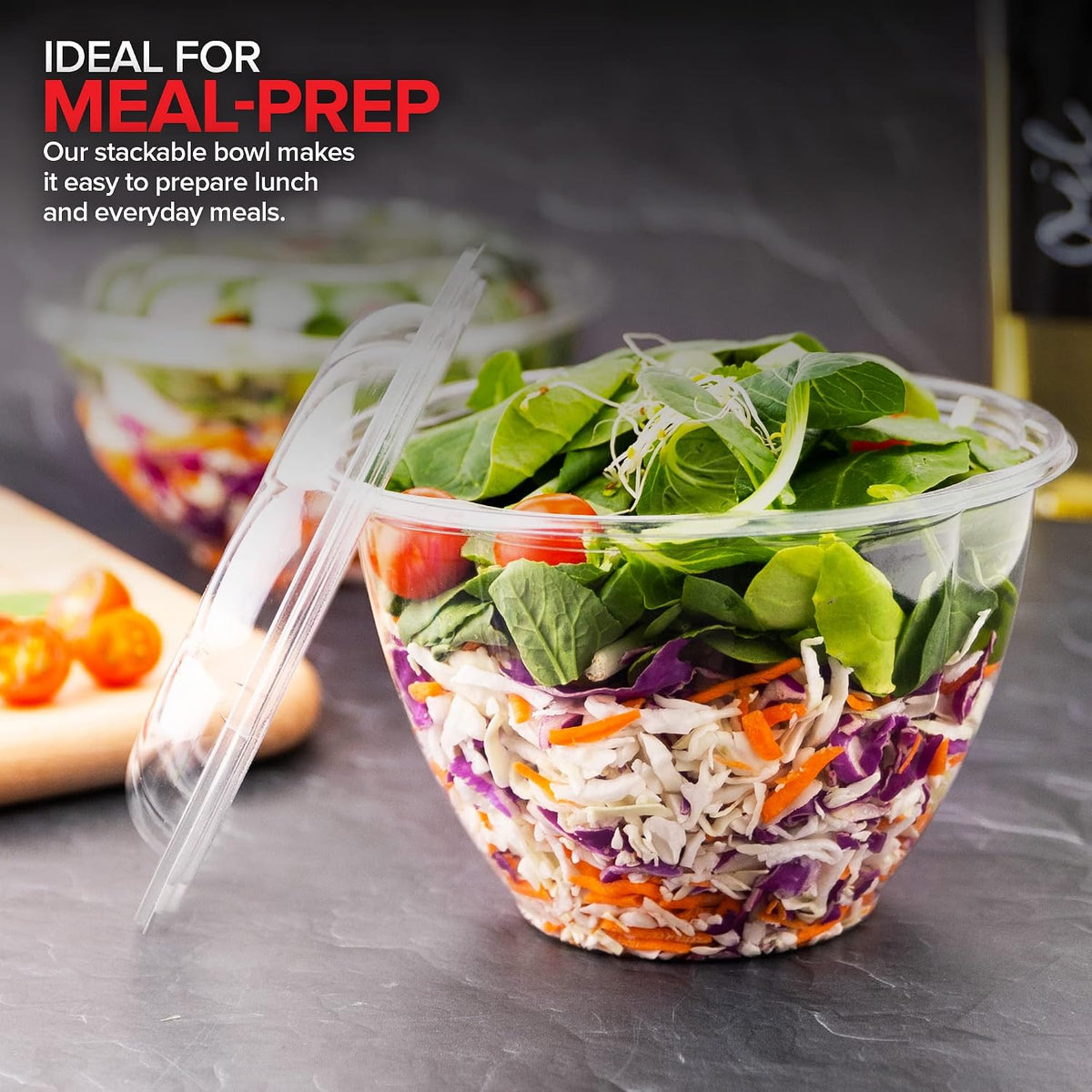 32oz Clear Plastic Salad Bowls with Lids Disposable (50 Pack) Medium Takeout Container with Snap on Lid for Fruit Salads, Quinoa, Lunch and Meal Prep, Acai Bowl, To-Go Party Containers